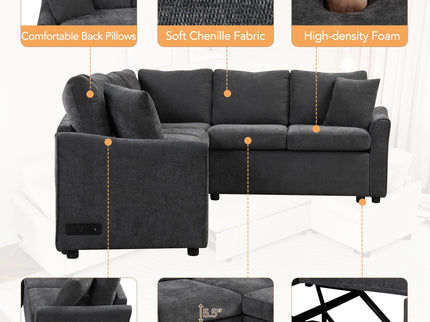 L-Shaped Sofa Convertible Sofa Bed Pull Out Sofa Sleeper With Two Back Pillows, Two USB Ports And Two Power Sockets For Living Room