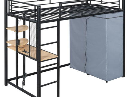 Loft Bed With Desk, Shelves, Power Outlet, LED Light And Wardrobe