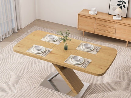 Retractable Square Dining Table, Seating 4 - 6 People, Cross Base With Stainless Steel Tubing, Expandable - Natural