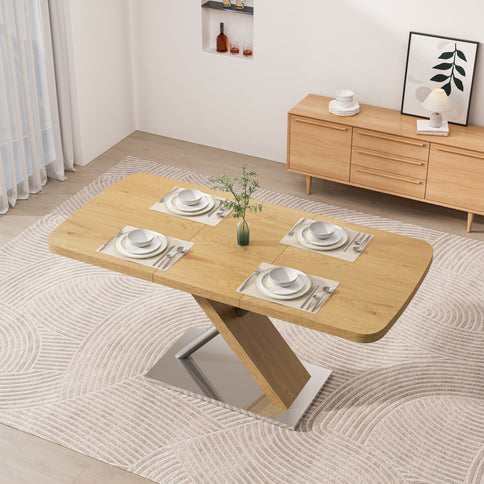 Retractable Square Dining Table, Seating 4 - 6 People, Cross Base With Stainless Steel Tubing, Expandable - Natural