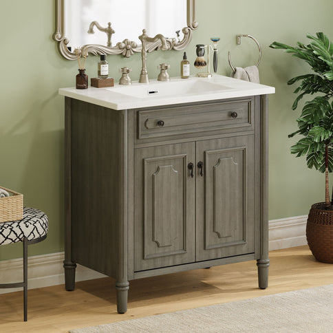 Vintage Bathroom Vanity With Sink, Rustic Cabinet With Soft Close Doors