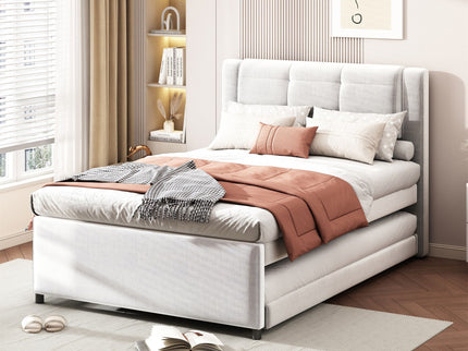 Upholstery Platform Bed With Trundle, Trundle Can Be Flat Or Erected