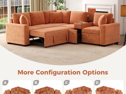Modular L-Shaped Sectional Sofa Bed With Pull-Out Sleeper, Cup Holders, And Storage