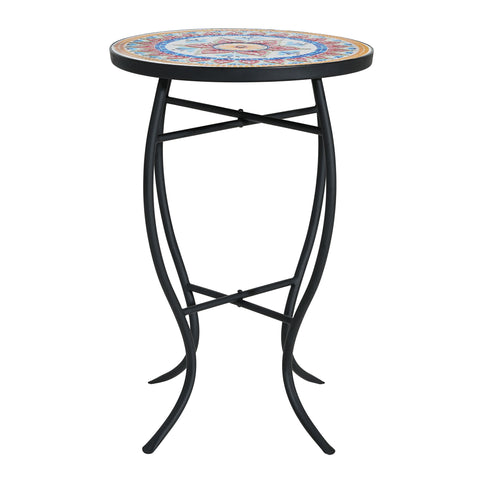 Outdoor Round Side Table With Mosaic Style Top And Curved Iron Legs