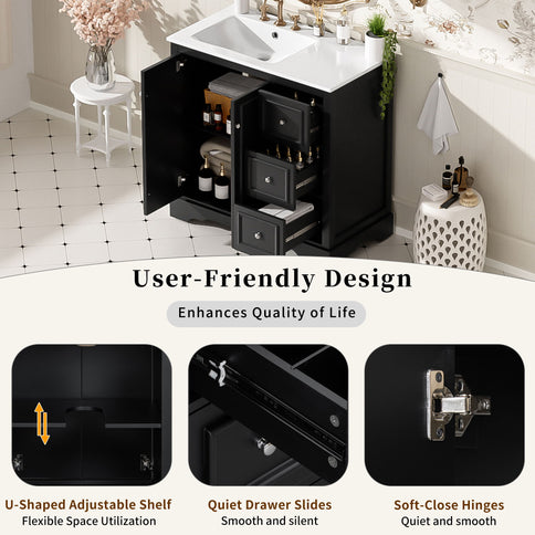 Bathroom Vanity With Sink, Soft-Close Doors, Adjustable U-Shelf, 3 Drawers