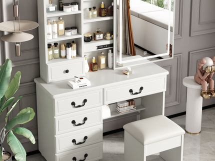Fashion Vanity Desk With Mirror And Adjustable Lighting, 6 Drawers, 3 Color Light Modes - White