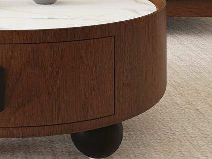 Round Coffee Table With Ball Feet, Pull Handle Storage Drawer - Bouguer Walnut / Brown