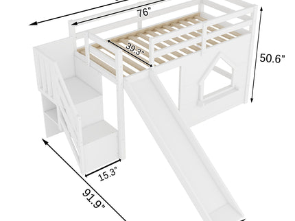 Loft Bed With Storage Stairs, Slide, Playhouse Window And 7 Colors LED Lights