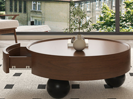 Round Coffee Table With Storage Drawer And Ball Feet - Walnut / Black