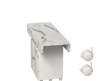 Versatile Marble Folding Dining Table With Storage Rack And Cabinet, 6 Wheels - White
