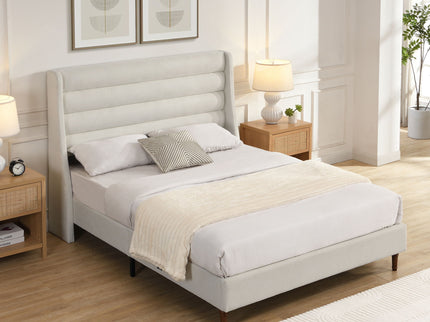 Modern Upholstered Platform Bed With Wave Shaped Headboard