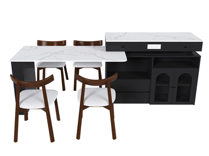 Retro Kitchen Island Set With Chairs, Extendable & Rotating Table, 4 Drawers & Door Cabinets