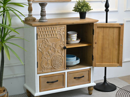 Accent Flower Carved Door Sideboard Cabinet With 2 Drawers For Kitchen - Natural Wood Wash / White