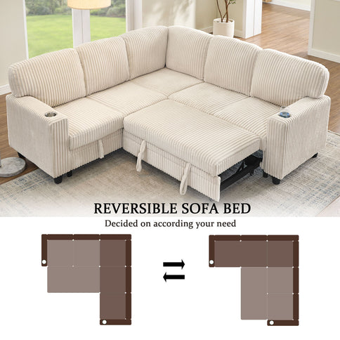 L-Shaped Sofa With Pull Out Sofa Bed With USB