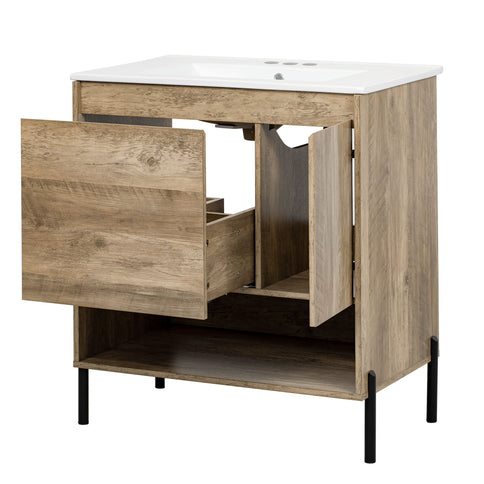 Bathroom Vanity Cabinet With Sink, Sliding Drawer, Soft Closing Door, Open Shelf - Natural Wood