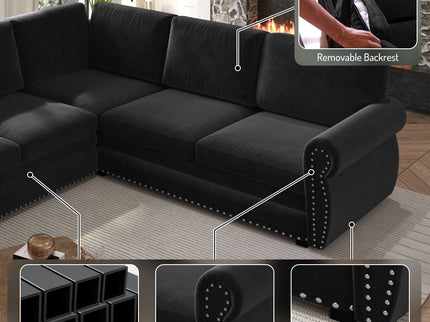L-Shaped Sofa Couch With Pull Out Bed With Nailhead Trim & Rolled Arm