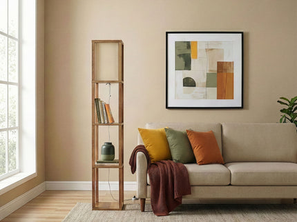 Pinnacle - Shelf Floor Lamp For Bedroom / Living Room, Long Shade - Natural Wood / White