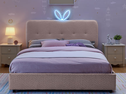Upholstered Bed With Oversized Rabbit Ear Headboard, LED Lights & 4 Storage Drawers