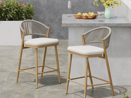 Outdoor 26" Counter Height Metal Frame Counter Stools With Scallop Shaped Backrest & Water Resistant Cushions