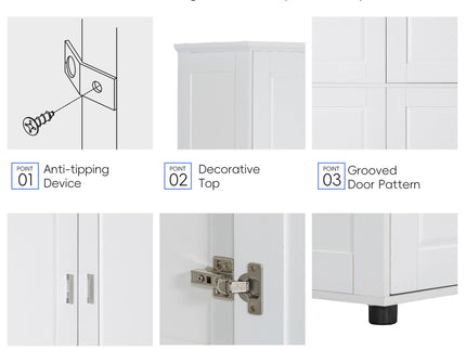 Tall And Wide Bathroom Floor Storage Cabinet With 4 Doors, Adjustable Shelves - White