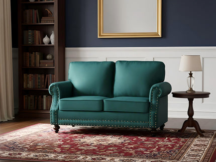 Loveseat Sofa With Nailhead Detail & Turned Legs, 2 Seater Upholstered Couch