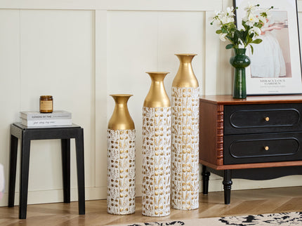 Mother's Day Gift Set Gilded White 3D Relief Flower Metal Vase Set - White / Gold