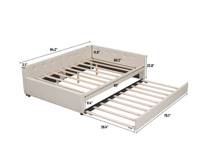 Queen Size Upholstered Platform Bed With USB And Twin Trundle - Beige