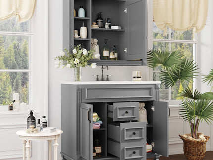 Bathroom Vanity With Top Sink, Mirror Cabinet, 2 Soft Closing Doors & 2 Drawers