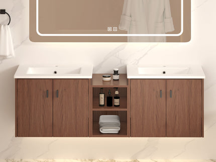 Soft Close Doors Bathroom Vanity With Small Storage Shelves, 24" And 12" Combination Cabinet - Reddish Brown