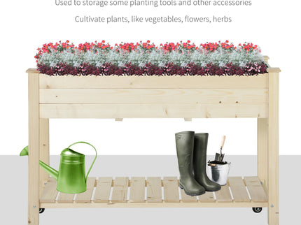 Outsunny - Raised Garden Bed, 47" x 22" x 33", Elevated Wooden Planter Box With Lockable Wheels, Storage Shelf, And Bed Liner For Backyard, Patio - Natural