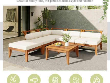 6 Piece Patio Sofa Set, Acacia Wood Outdoor Modular Sectional Garden Furniture Set L Shaped Conversation Set, Convertible Daybed With Tea Table, Ottoman, 5 Cushions And Pillows - Teak / Beige
