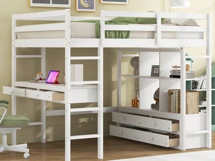 Full Size Loft Bed With Built In Desk, 2 Drawers, Storage Shelves - White