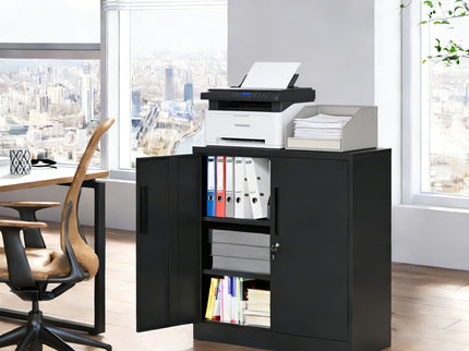 Heavy Duty Storage Cabinet With Lock, 2 Door File Cabinet With 2 Adjustable Shelves - Black