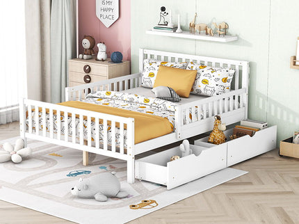Platform Bed With Guardrails On Both Sides And 2 Storage Drawers