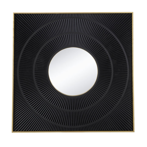 Square Carved Mirror With Pleated Design WithIron Frame, Neutral Colorway Wall Decor For Living Room Bathroom Entryway
