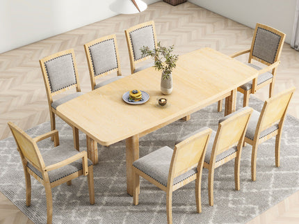 Topmax - Rustic Extendable Dining Table Set With Removable Leaf, 6 Upholstered Armless Dining Chairs And 2 Padded Arm Chairs, 9 Pieces