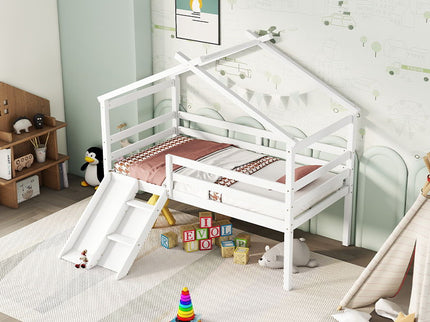 Low Loft House Bed With Slide, Ladder, Safety Guardrails, House Roof Frame