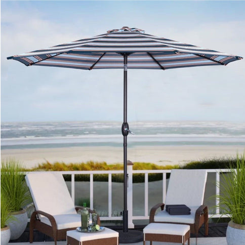 Patio Umbrella With Crank Lift & Push Button Tilt Frame, 200G / Sqm Solution Dyed Canopy - Blue Multi / Brown