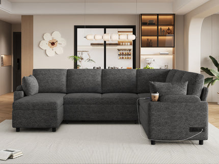 U-Shaped Sectional Sleeper Sofa With Ample Storage Space, 2 Cup Holders And Charging Ports For Living Room