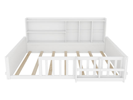 Platform Bed Frame With Guardrail, Storage Shelves & Bookshelf