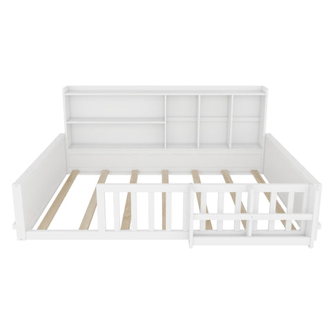 Platform Bed Frame With Guardrail, Storage Shelves & Bookshelf