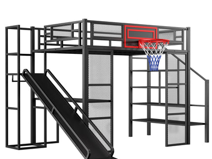 Loft Bed With Built In Desk, Open Wardrobe, Basketball Hoop, Slide And Staircase