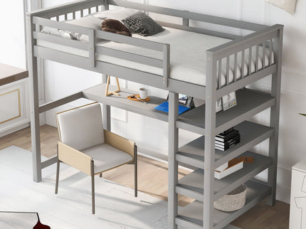 Loft Bed With Storage Shelves And Under Bed Desk
