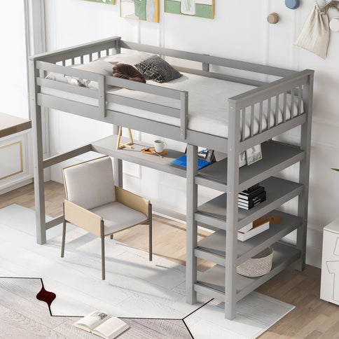 Loft Bed With Storage Shelves And Under Bed Desk