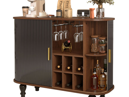 Fluted Liquor & Coffee Bar Cabinet With 6 Wine Racks And 3 Glass Holders