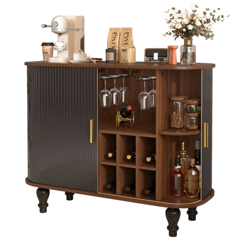 Fluted Liquor & Coffee Bar Cabinet With 6 Wine Racks And 3 Glass Holders
