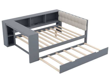 Upholstered Headboard Platform Bed With Storage Shelves, Trundle, Charging Station