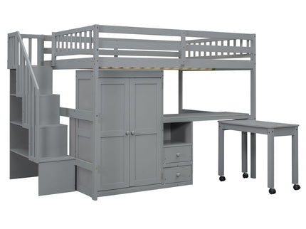 Loft Bed With Stairs, Bookshelf, Drawers, Desk & Wardrobe, Space Saving Multifunctional Furniture
