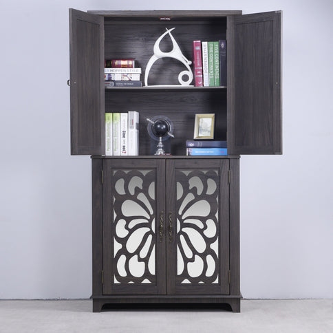 Modern Sideboard Buffet With 4 Mirrored Doors, Adjustable Shelves
