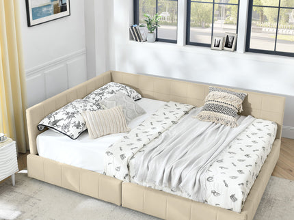 Mid-Century Storage Upholstered Tufted Bed Frame With Backrest And Armrests